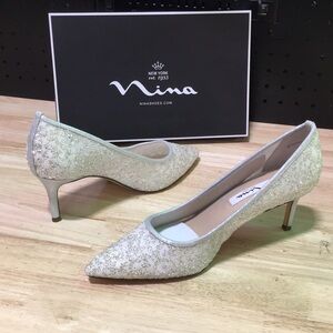 Nina Glitter Pointed Toe Kitten Heel Pumps in Ivory